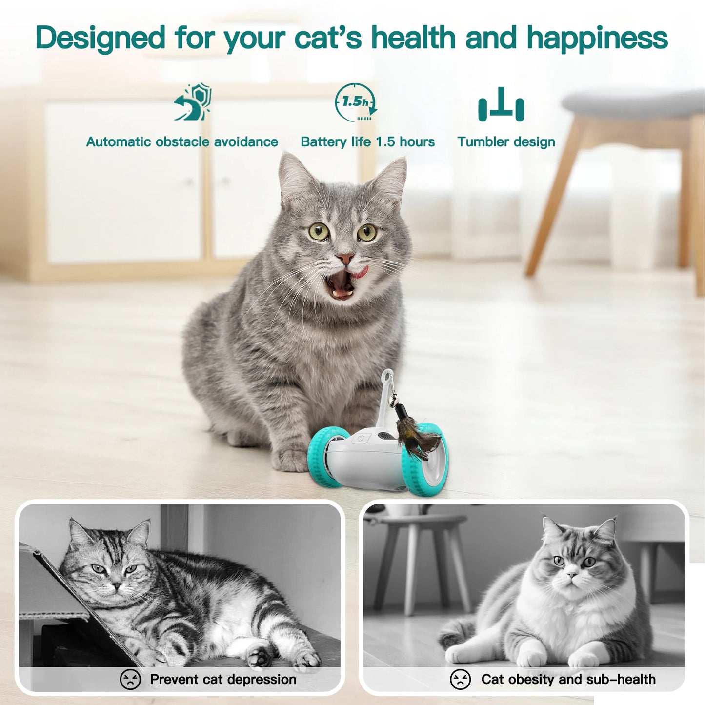 Jouet interactif intelligent pour chat - Voiture à équilibrage automatique avec plumeau pour jeu d'intérieur
