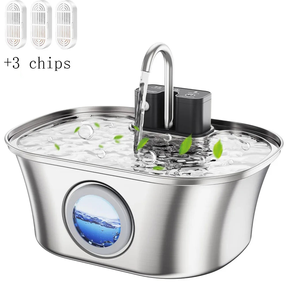 Fontaine à eau pour animaux de compagnie en acier inoxydable de 3,2 L – Recharge sans fil avec fenêtre de niveau d'eau