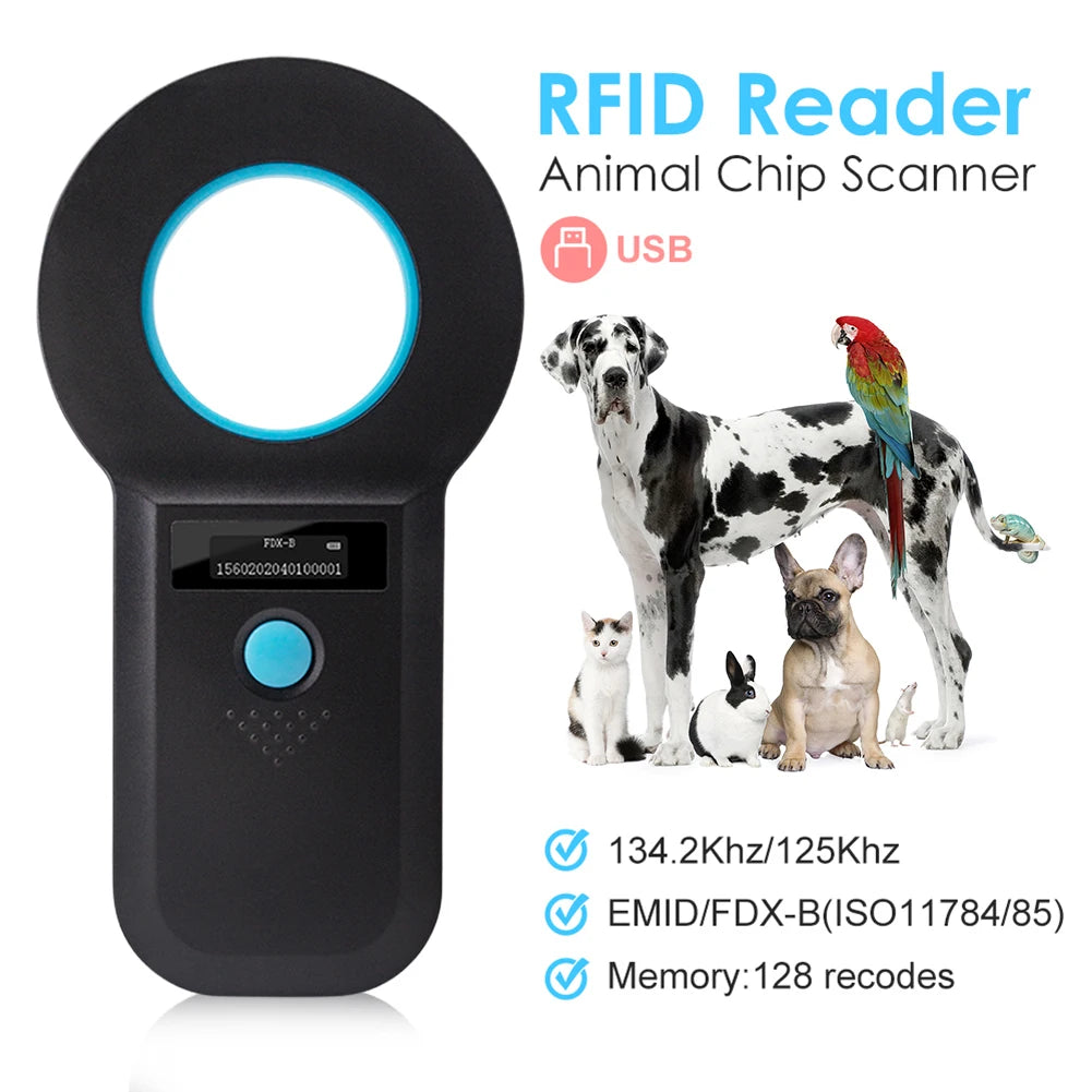 Handheld Pet Microchip Scanner | RFID & EMID Reader with OLED Display