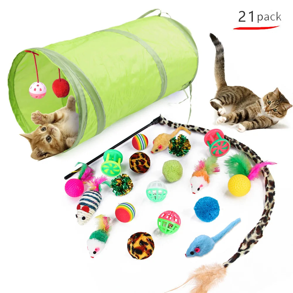 Foldable Cat Play Tunnel with Toys - Interactive Tent for Kittens