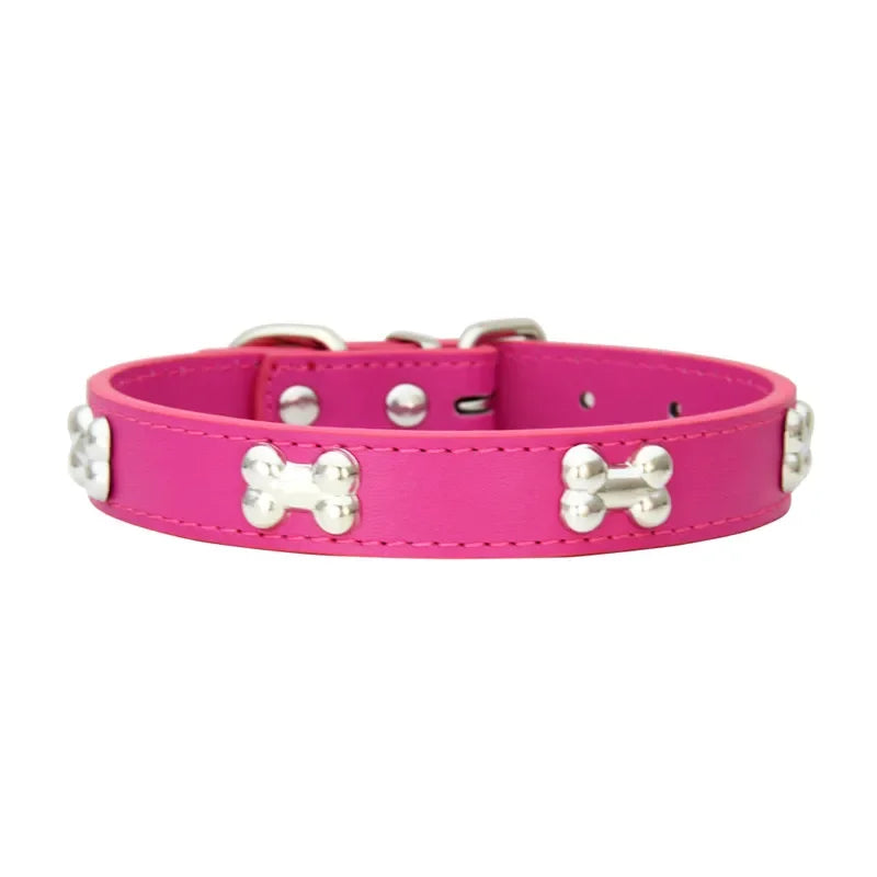 Durable Leather Dog Collar with Bone Design for Small to Large Dogs