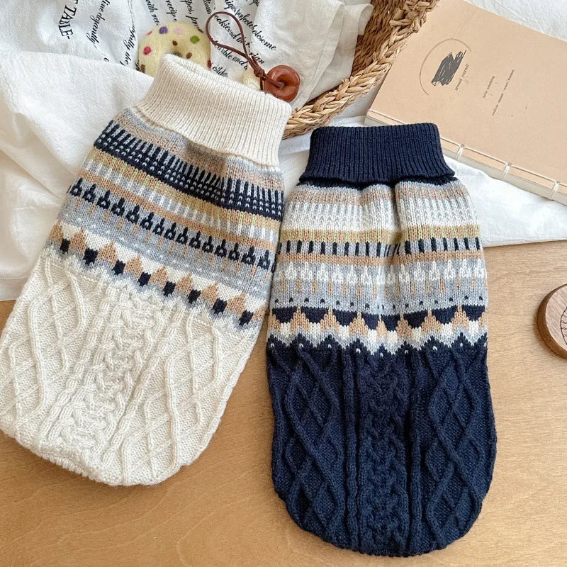 Vintage Print Dog Sweater for Small & Medium Dogs — Navy, Blue & Beige