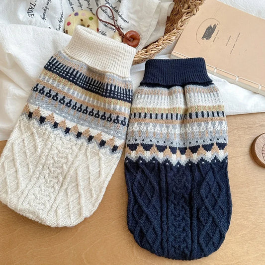 Vintage Print Dog Sweater for Small & Medium Dogs — Navy, Blue & Beige