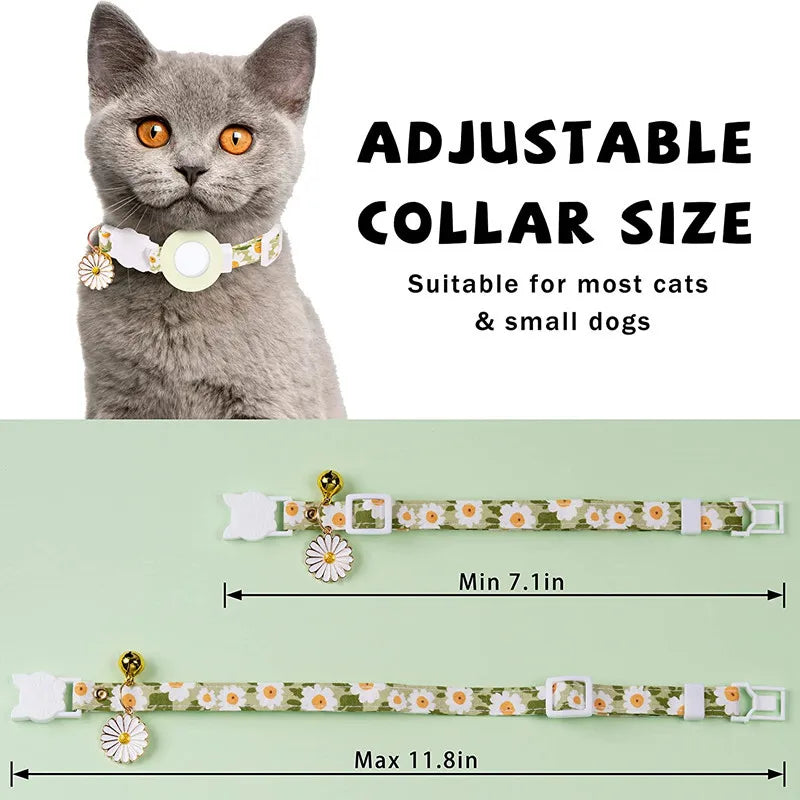 Collier de chat sécurisé avec support AirTag marguerite et grelot