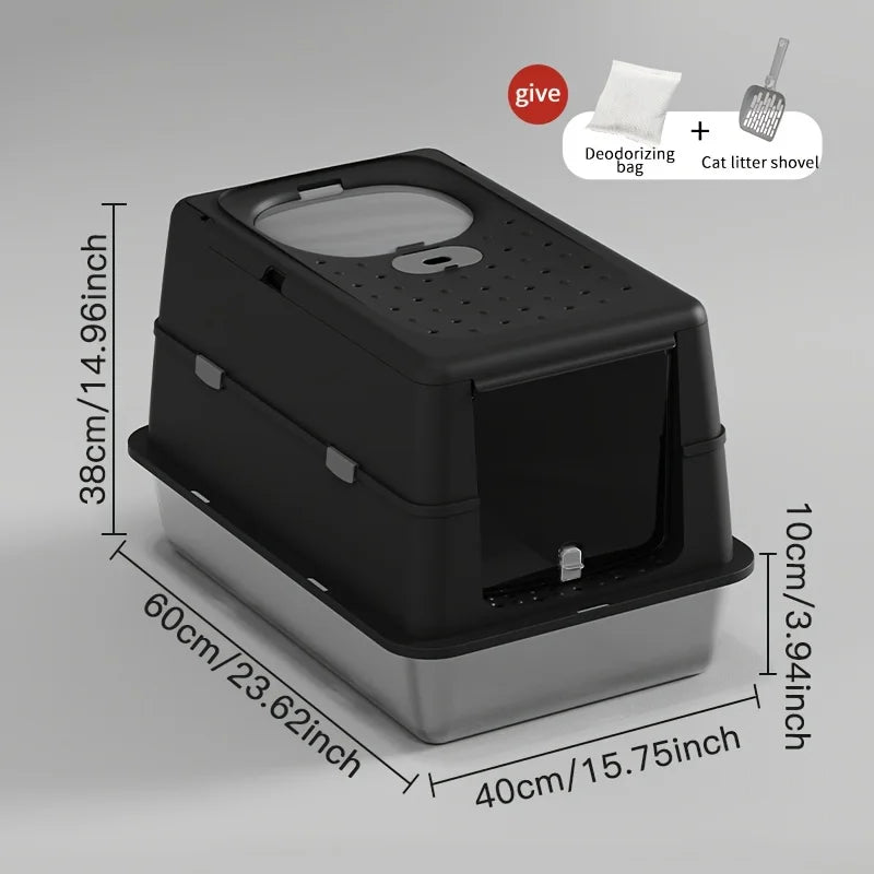 Enclosed Stainless Steel Cat Litter Box with Flip Cover & Non-Slip Mat