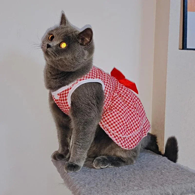 Robe de princesse pour animaux de compagnie - Robe d'été à rayures et carreaux avec nœud pour chats et petits chiens