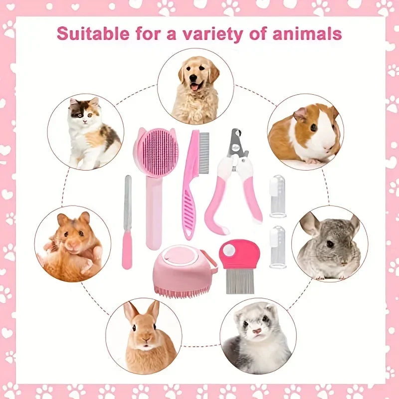 8-Piece Pet Grooming Kit — Self-Cleaning Brush, Nail Clippers, Flea Comb & Bath Brush for Cats & Dogs
