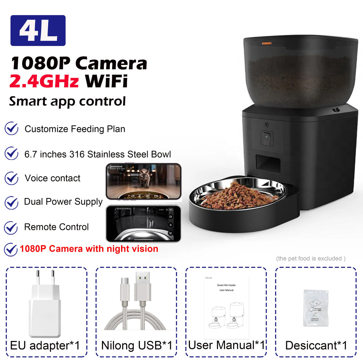 Automatic Pet Feeder with 1080p Camera, Voice Recorder & Remote Control