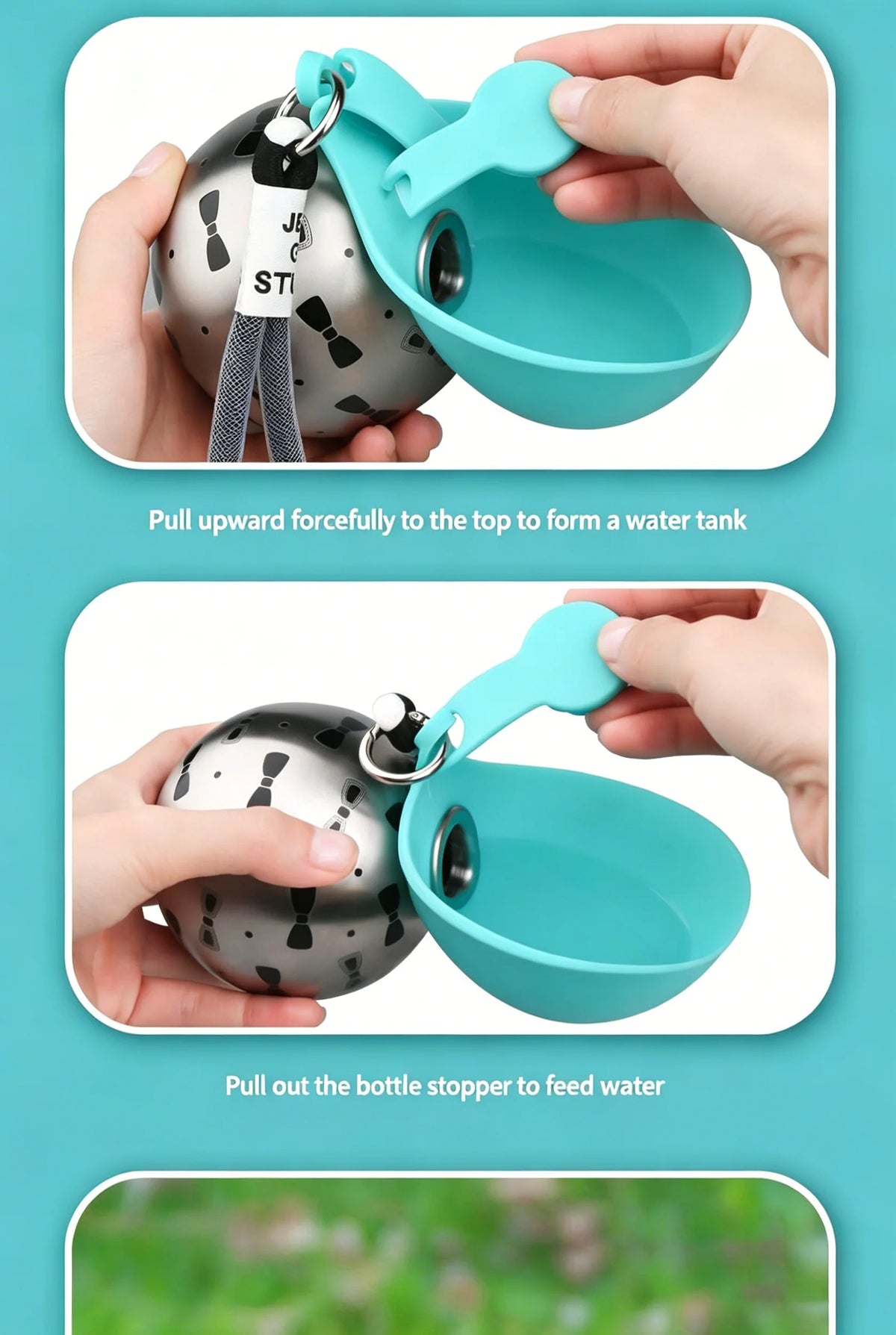 2-in-1 Stainless Steel Dog Water Bottle with Removable Silicone Bowl — 285ml
