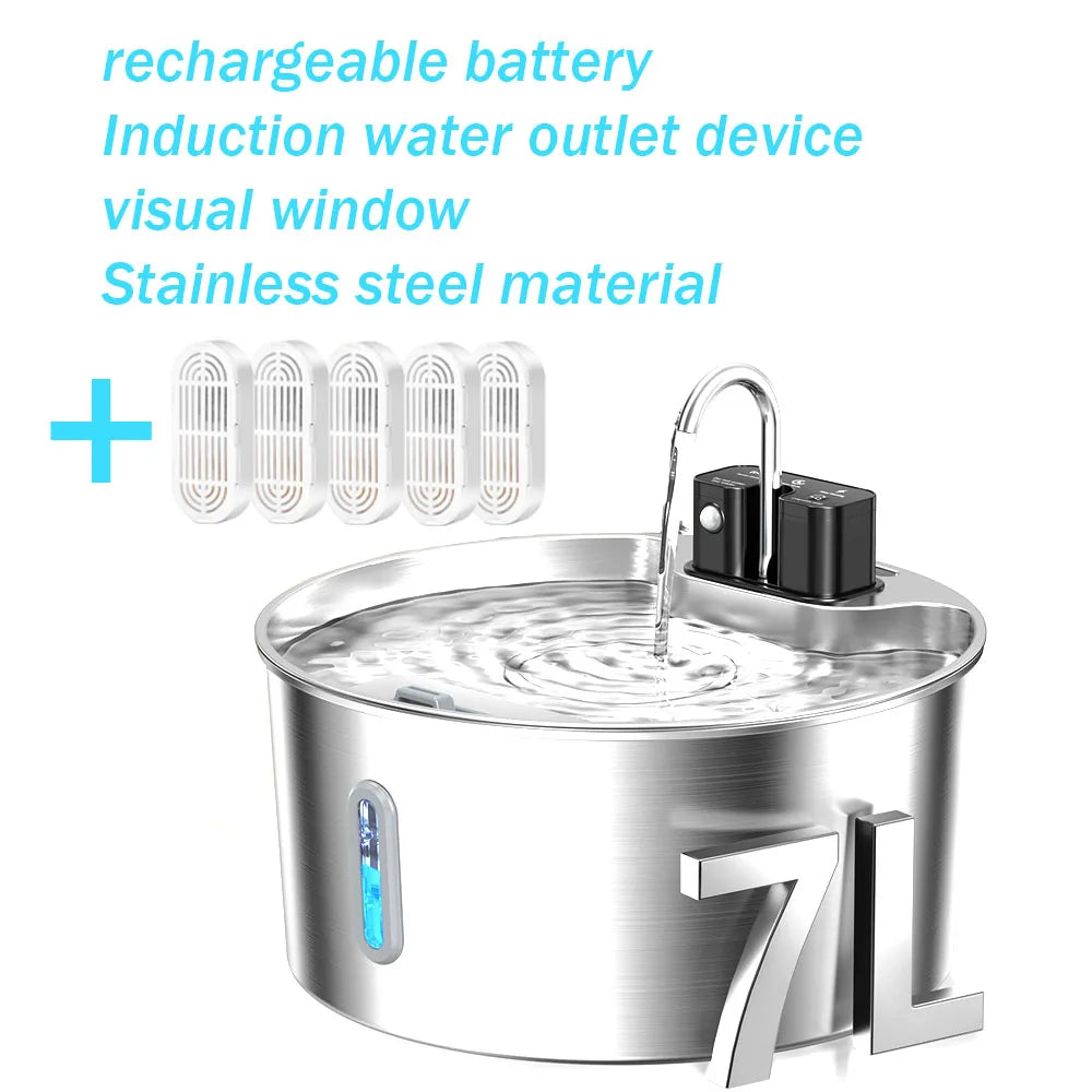 7L wireless rechargeable cat water fountain, stainless steel dog water fountain, pet water fountain with visual window