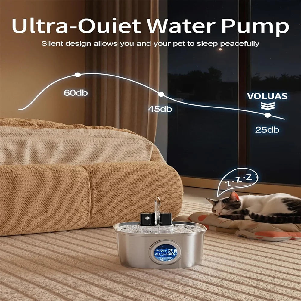 Fontaine à eau pour chat 3.2L 5V USB Recharge avec capteur automatique en acier inoxydable pour chats et chiens, bols multiples pour animaux de compagnie