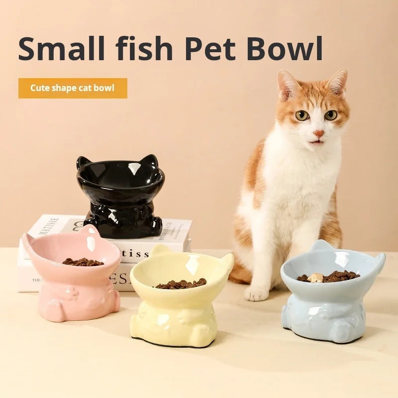 Ensemble de gamelles surélevées en céramique pour animaux de compagnie - Double gamelle avec motif de poisson et protection du cou