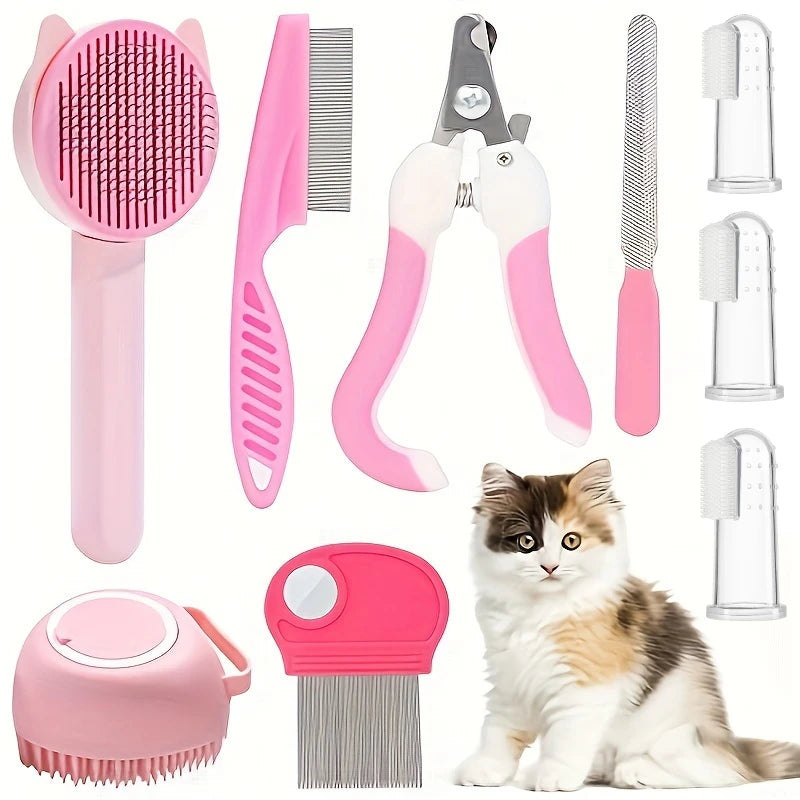 8-Piece Pet Grooming Kit — Self-Cleaning Brush, Nail Clippers, Flea Comb & Bath Brush for Cats & Dogs