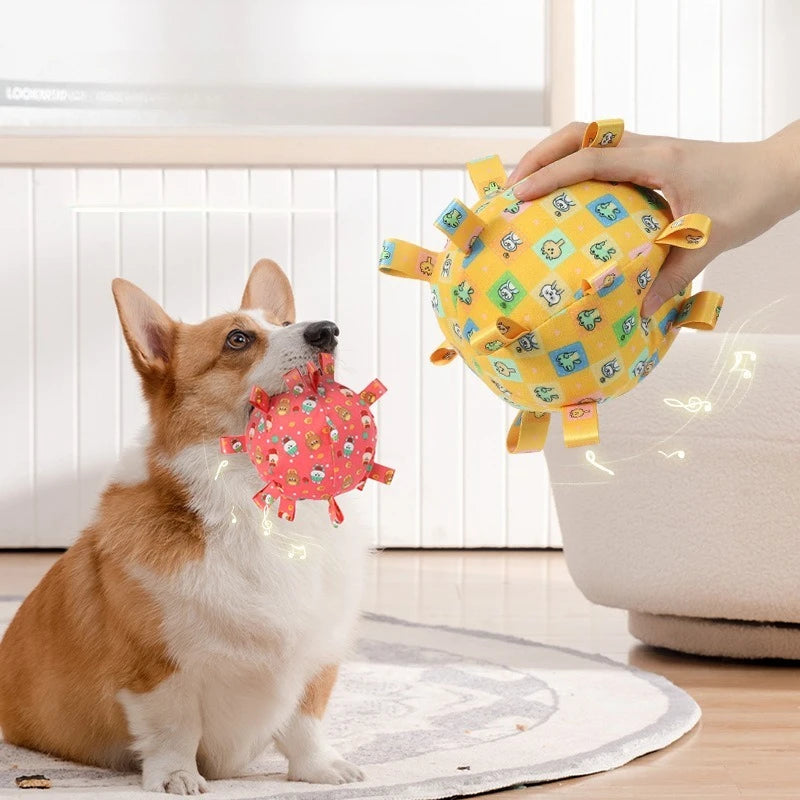 Interactive Ball Dog Toy with Plush Handle and Bells