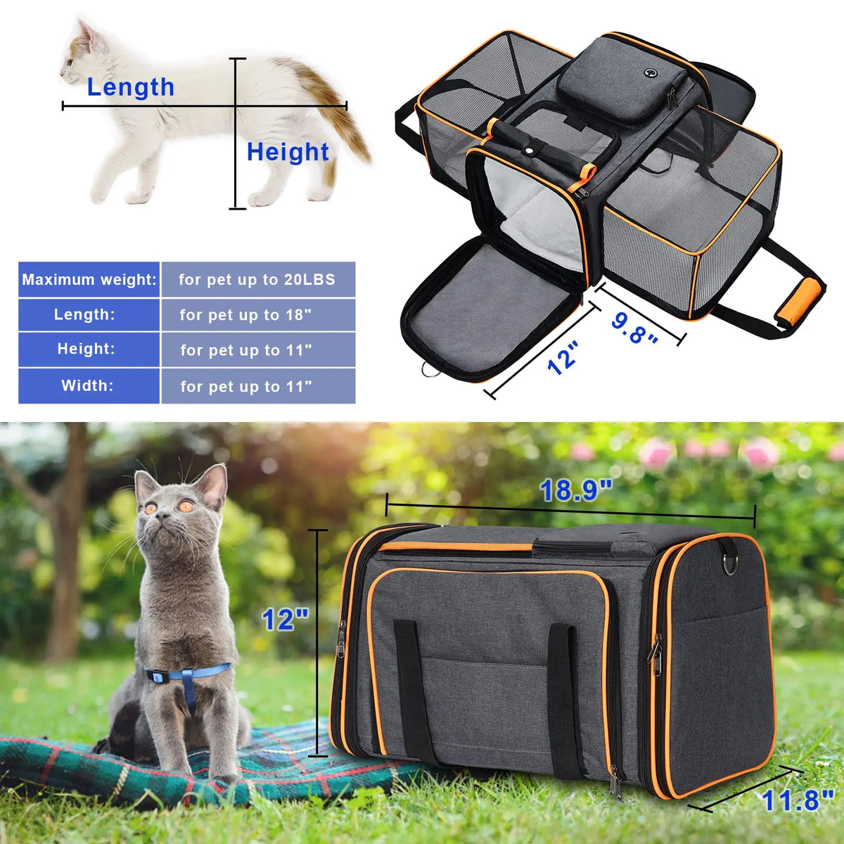 Expandable Pet Carrier with Fleece Pad & Storage Pockets