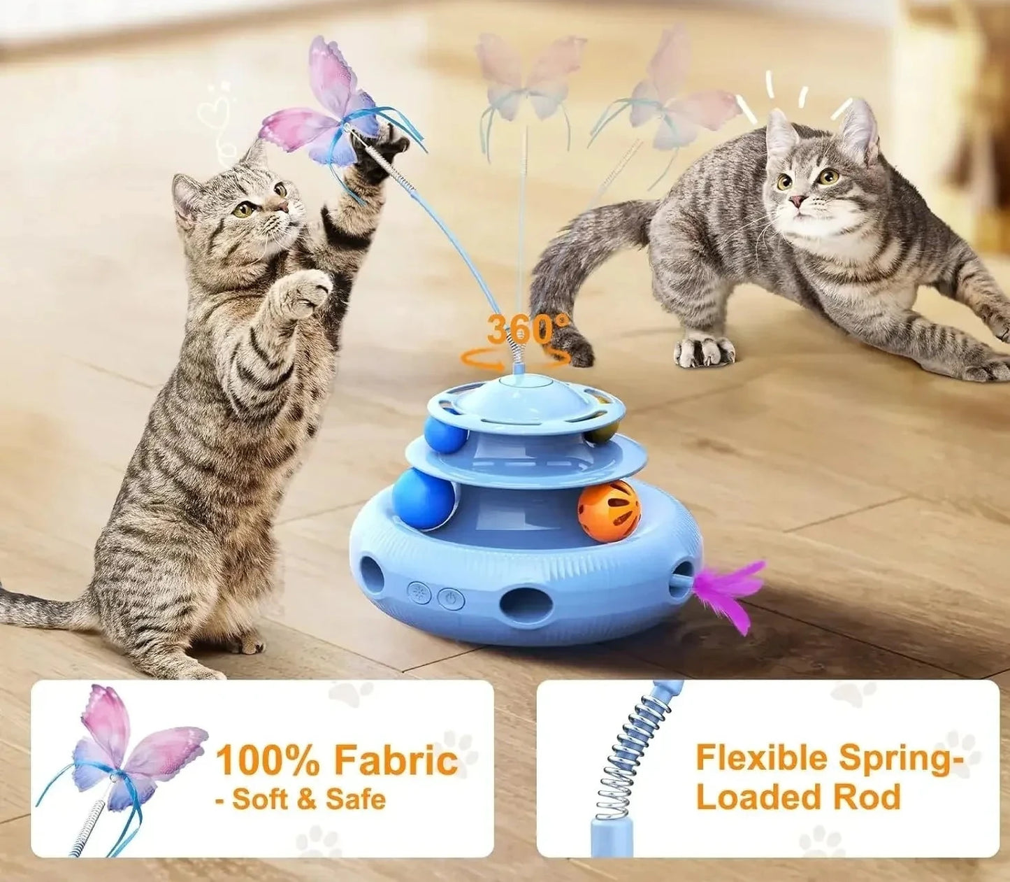 Jouet pour chat automatique rechargeable 4-en-1 avec papillon, plume et balle de piste