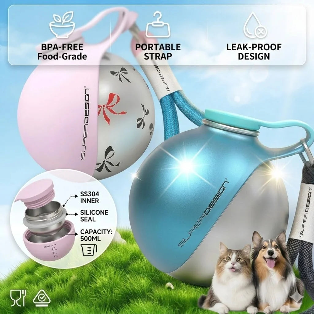 Stainless Steel Dog Travel Water Bottle with Collapsible Silicone Bowl & Lanyard