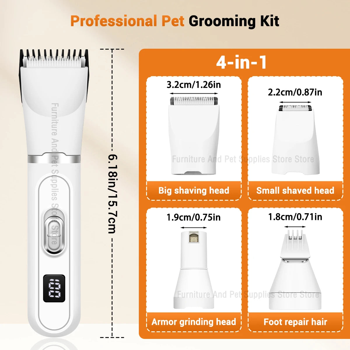 4-in-1 Cordless Pet Grooming Set with 4 Blades — Low Noise Rechargeable Clipper