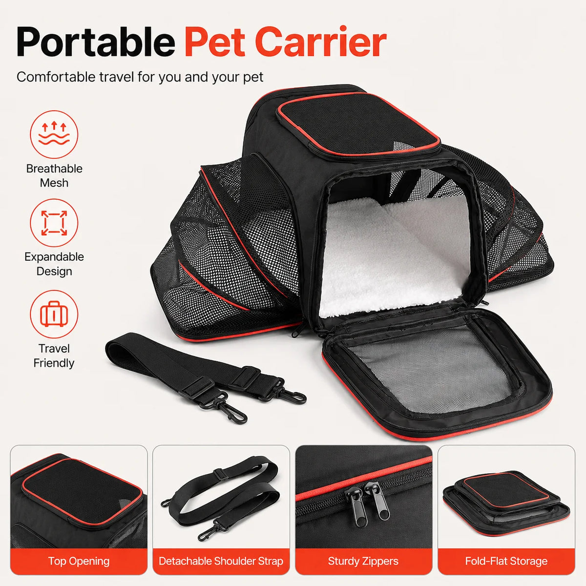 Double-Expandable Pet Carrier with Removable Cushion