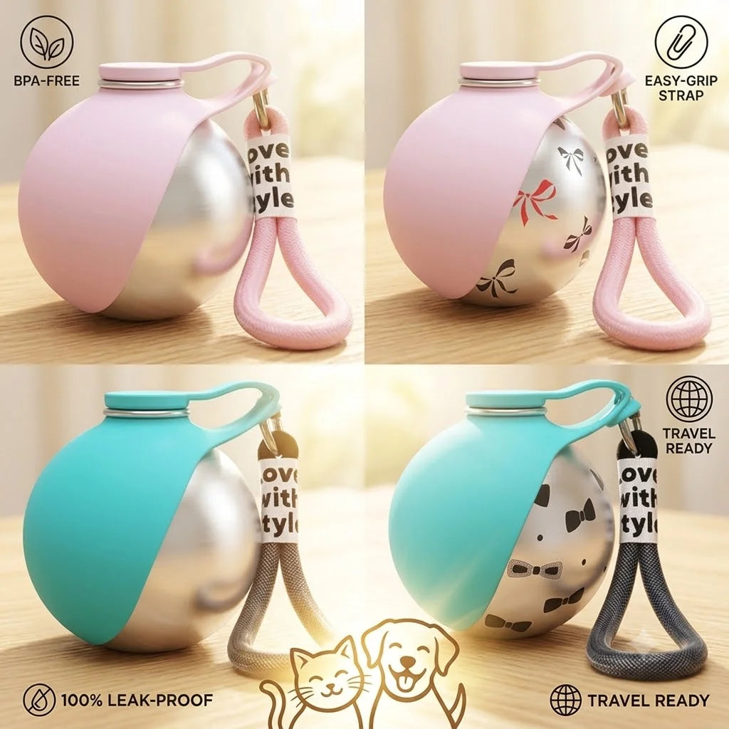 2-in-1 Stainless Steel Dog Water Bottle with Collapsible Bowl & Ball Valve — 285ml