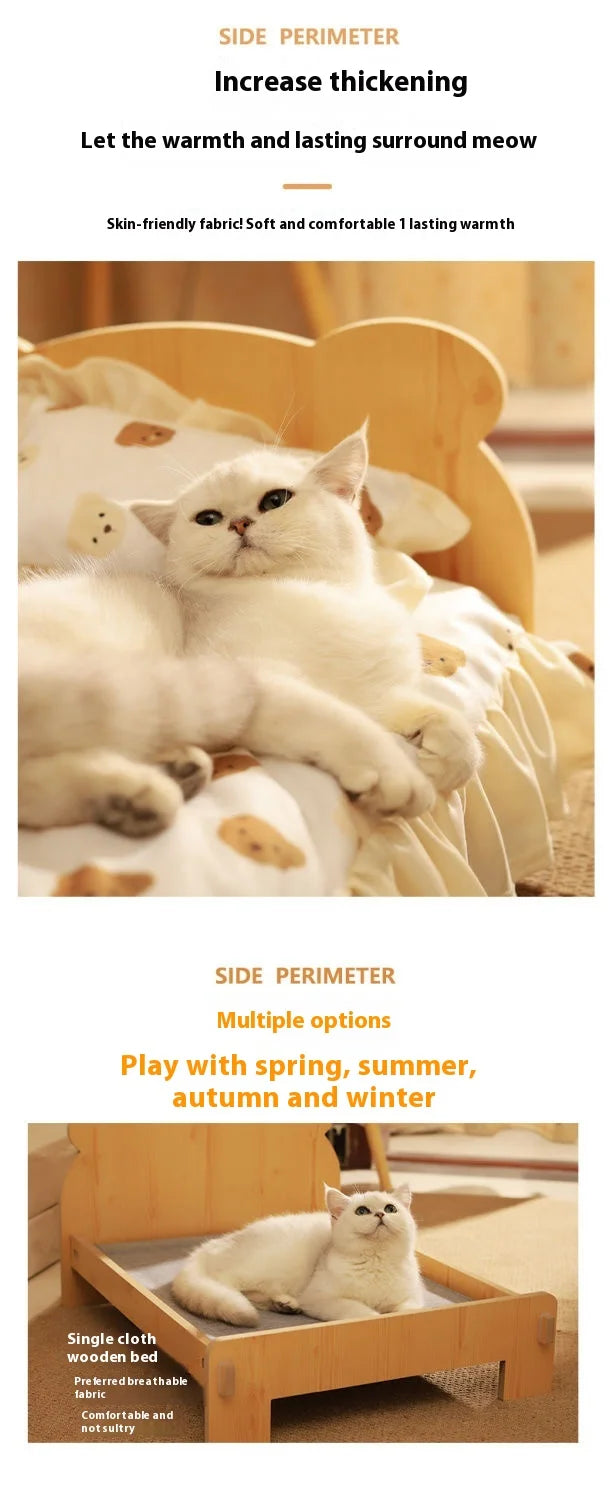 Solid Wood Pet Bed with Removable Washable Mat – All-Season Cat & Dog House