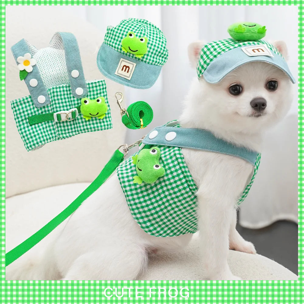 3-Piece Cartoon Pet Harness, Leash & Sun Hat Set – Vest Harness Costume for Cats & Small Dogs