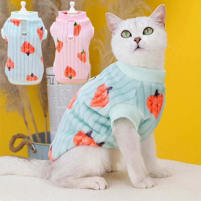 Strawberry Print Plush Pullover Sweater for Cats & Small Dogs