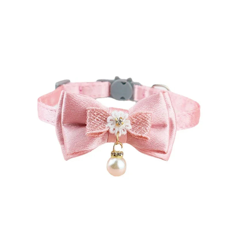 Pink Lace Bow Pet Collar with Bell for Cats and Small Dogs