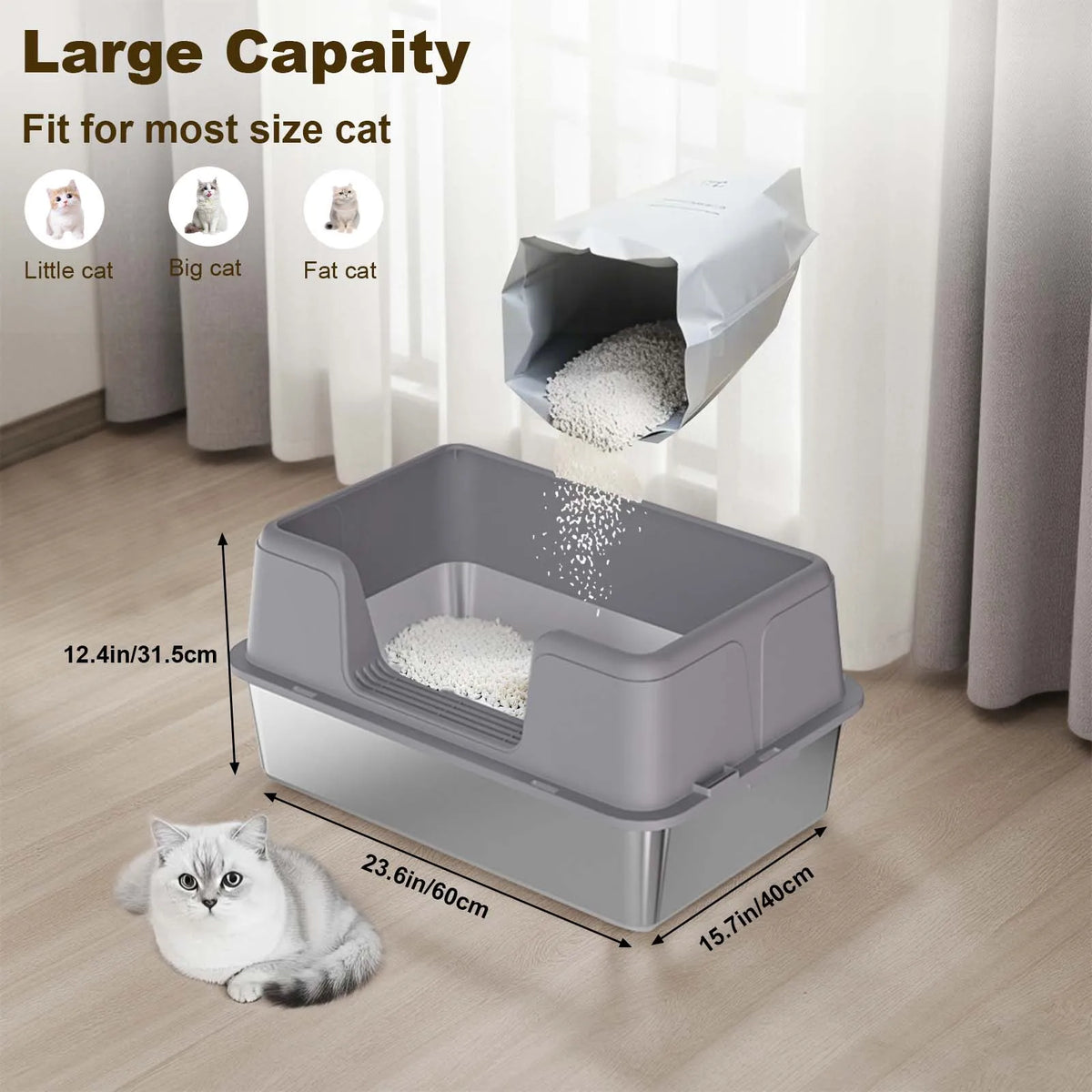 Stainless Steel Semi-Enclosed Cat Litter Box | High Sides | Anti-Splash | 3 Sizes