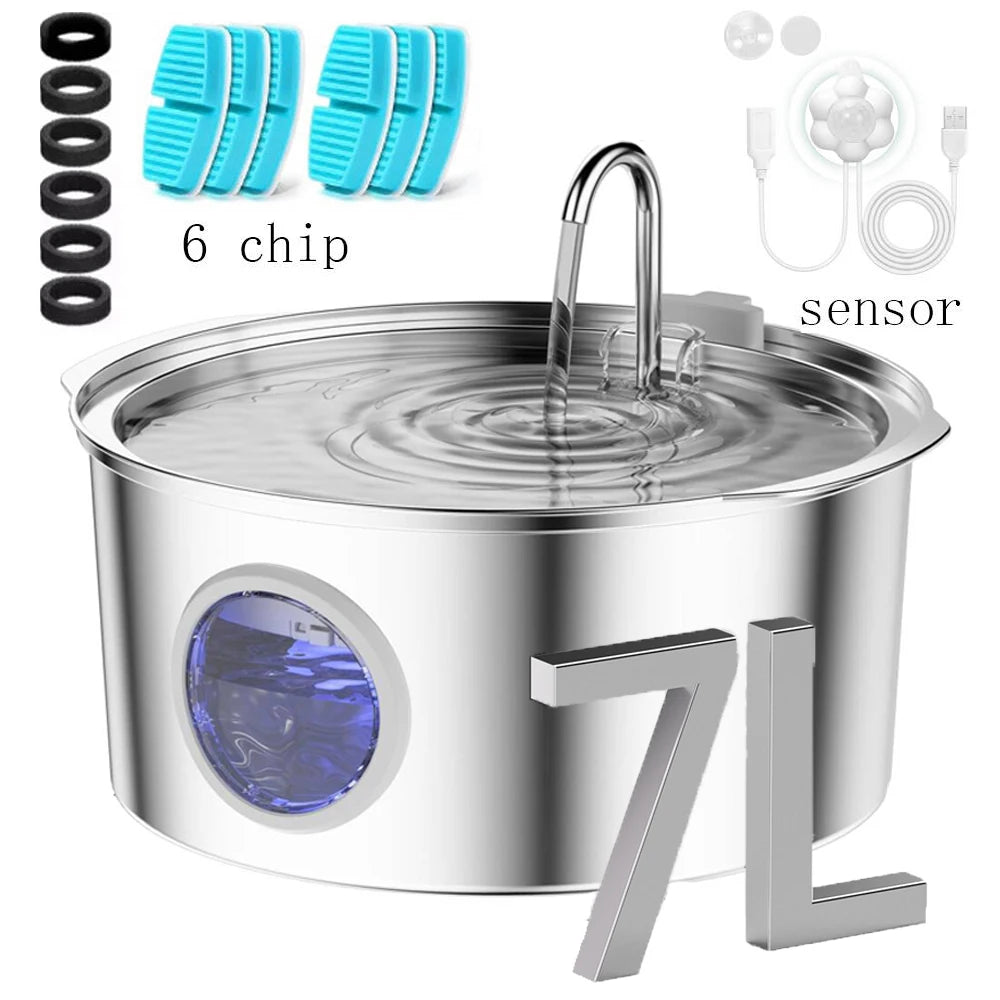 7L Ultra-Quiet Stainless Steel Water Fountain for Large Dogs & Multi-Pet Homes