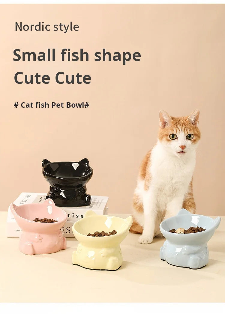 Ensemble de gamelles surélevées en céramique pour animaux de compagnie - Double gamelle avec motif de poisson et protection du cou