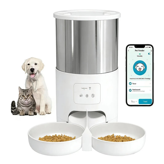 Distributeur Automatique de Croquettes WiFi pour Animaux de Compagnie avec Gamelle en Inox – 4,5 L