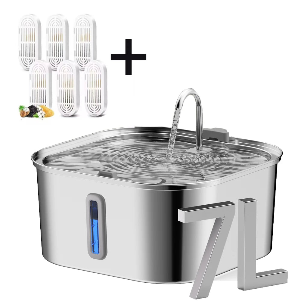 7L Stainless Steel Dog Automatic Water Feeder, With Water Level Window Display Dog Fountain, Large Pet Water Dispenser