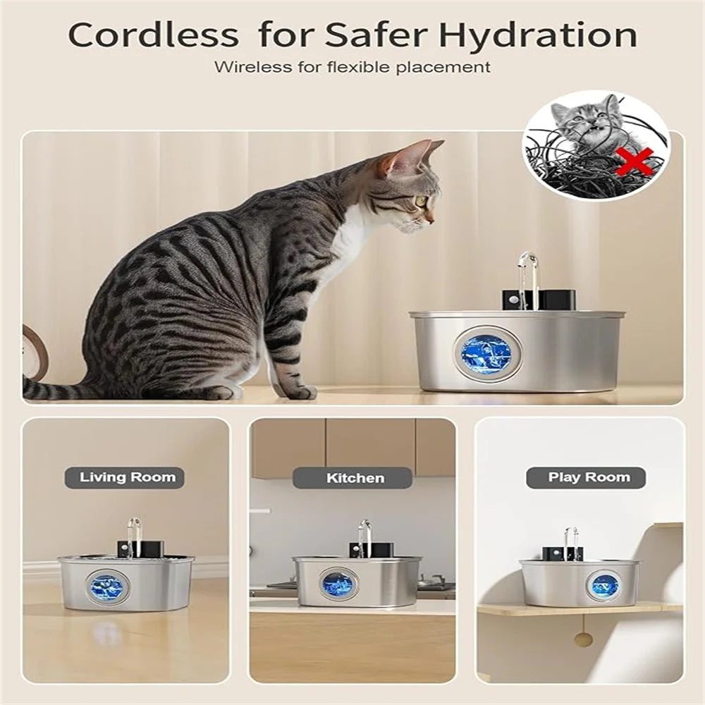 Fontaine à eau pour chat 3.2L 5V USB Recharge avec capteur automatique en acier inoxydable pour chats et chiens, bols multiples pour animaux de compagnie