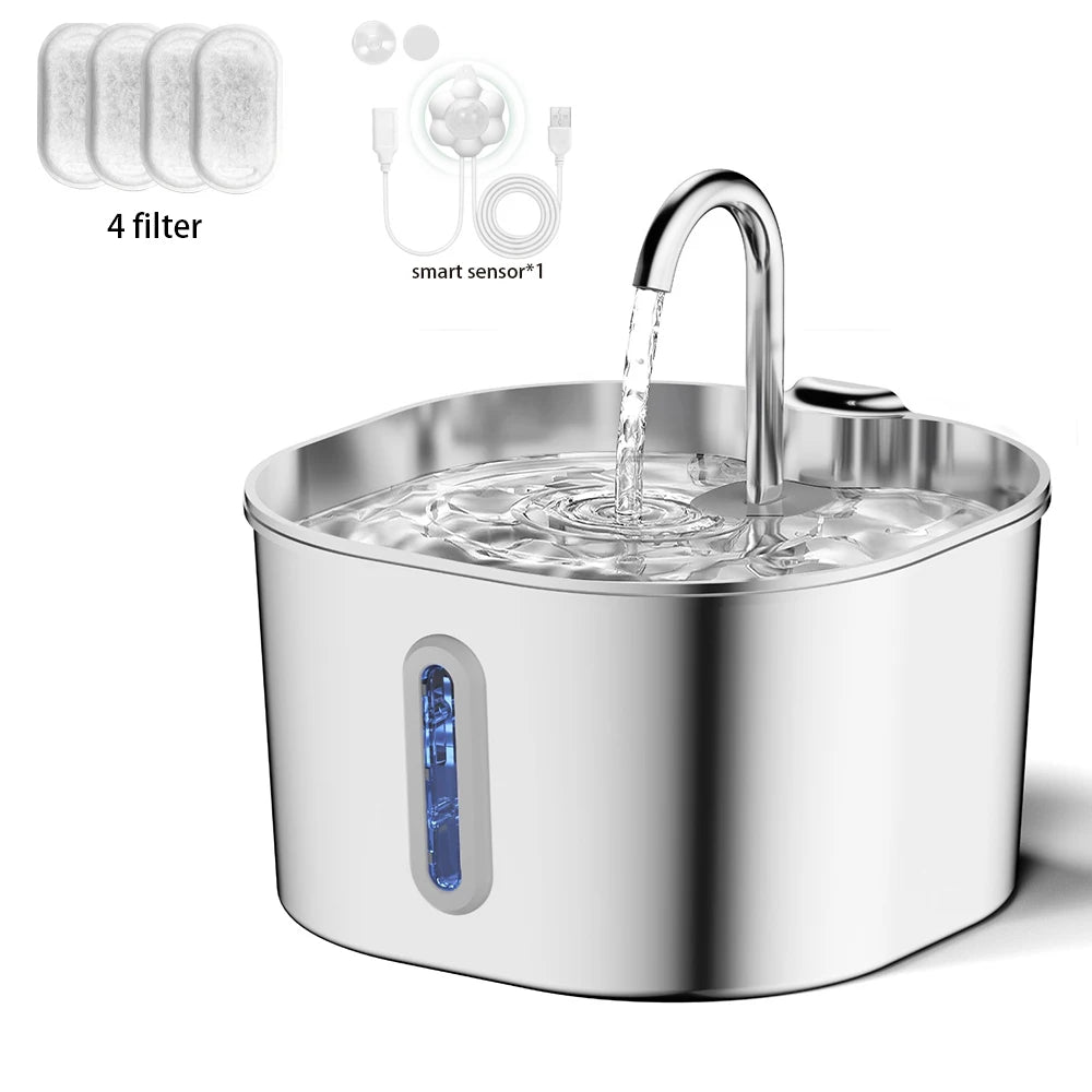 ZYfeeder Fontaine à eau pour animaux de compagnie en acier inoxydable de 2,2 L, fontaine d'eau artésienne pour chats, pompe à eau ultra-silencieuse avec filtre