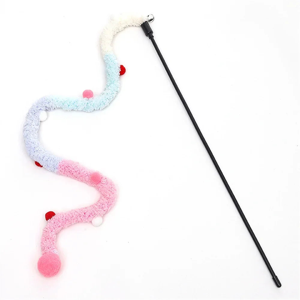 Rainbow Caterpillar Cat Wand Toy with Bell – Interactive Feather Stick