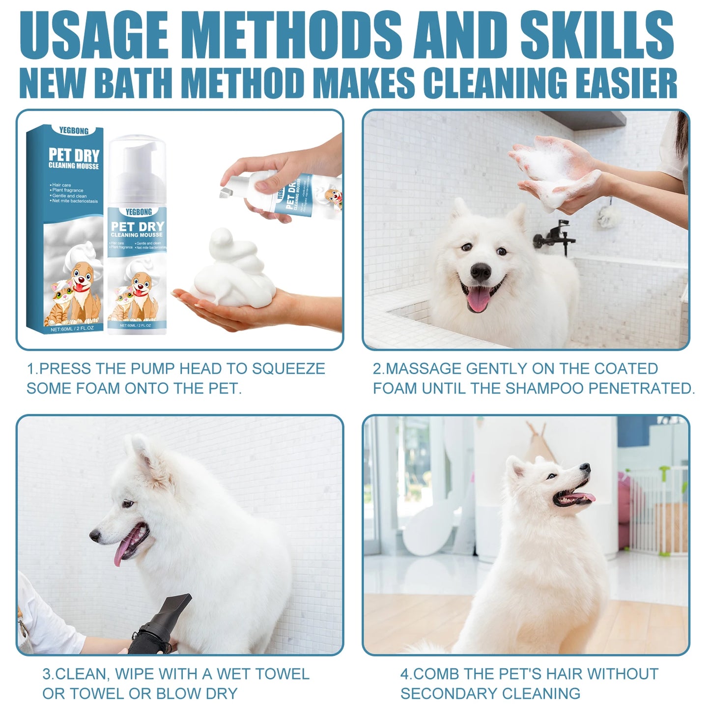 Waterless Pet Shampoo Foam Mousse — No Rinse Odour Control for Cats & Dogs