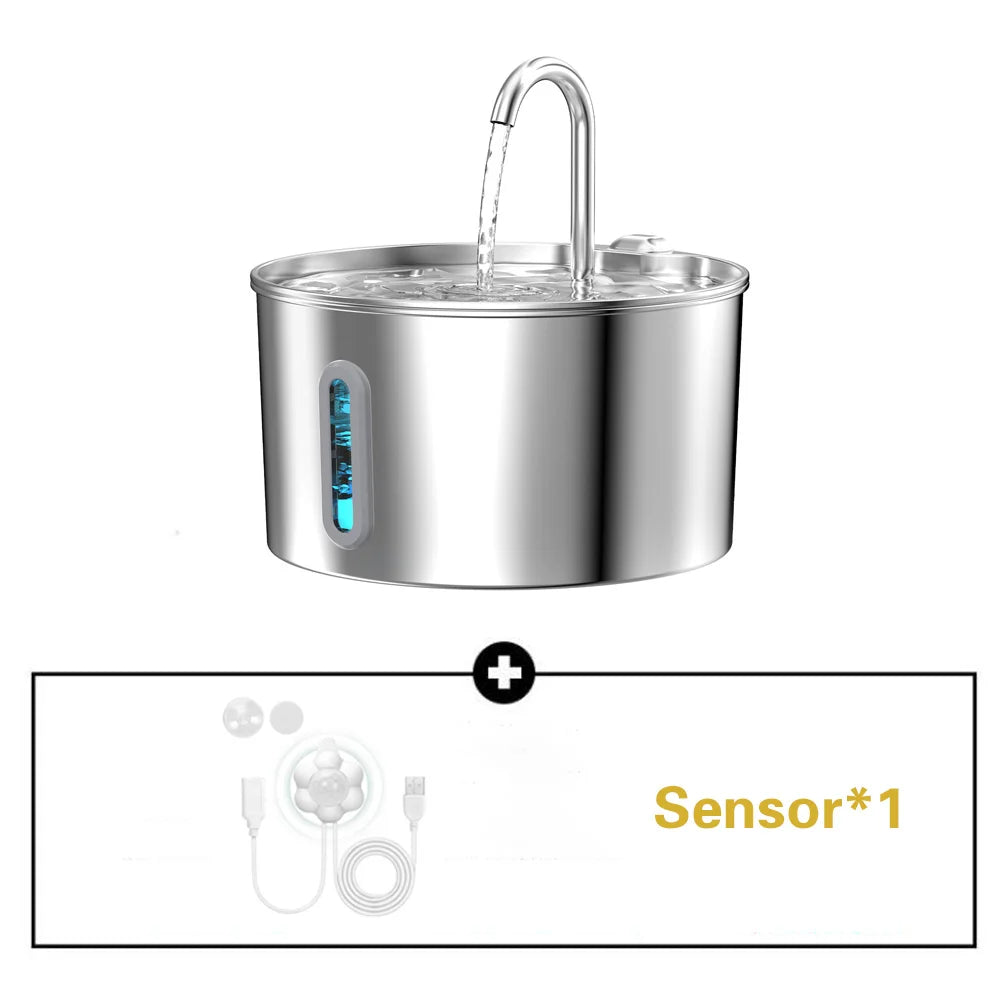 2.2L Stainless Steel Silent Pet Water Fountain — Dual Style with Filter & Sensor Options