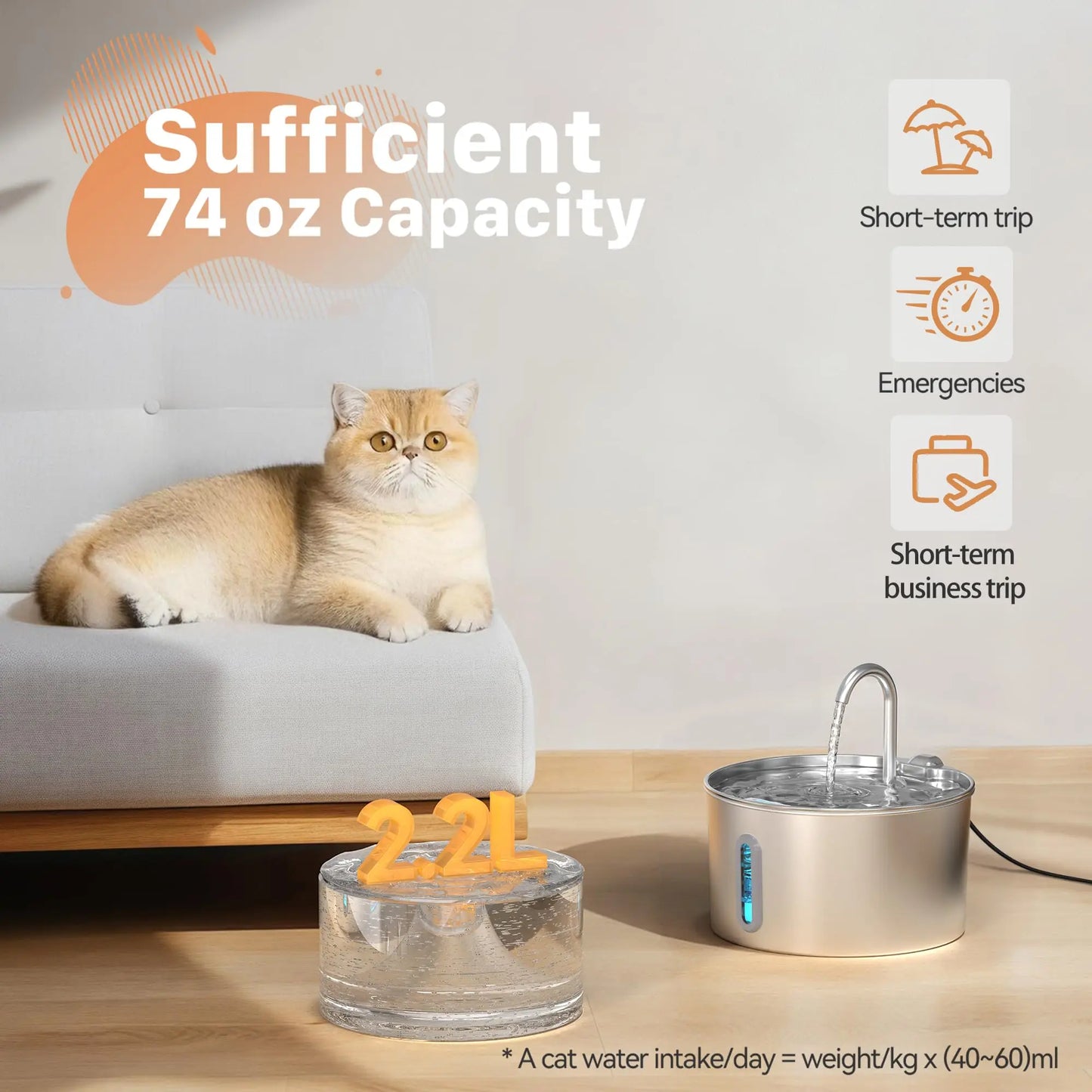 ZYfeeder Fontaine à eau pour animaux de compagnie en acier inoxydable de 2,2 L, fontaine d'eau artésienne pour chats, pompe à eau ultra-silencieuse avec filtre