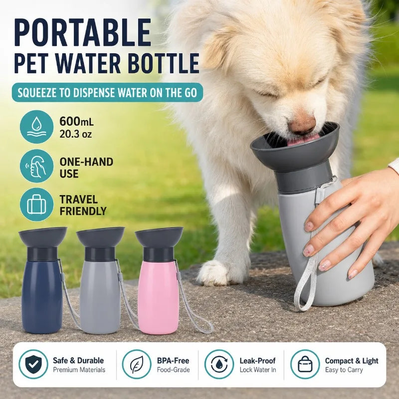 Squeeze Dog Water Bottle with Wide Rigid Bowl & Drain-Back Lock — 600ml
