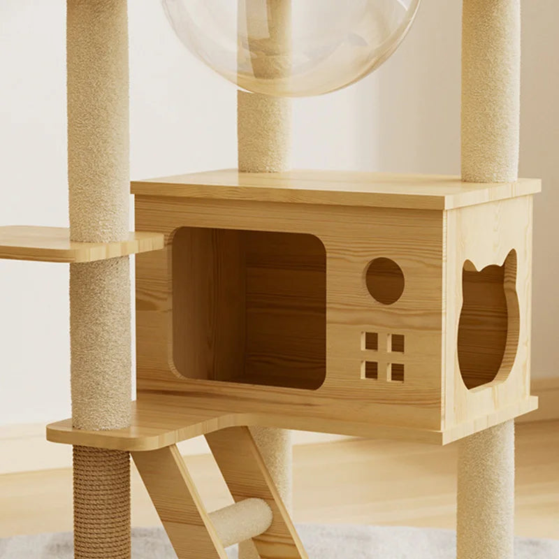 Wooden Cat Tree with Hideaway & Clear Perch