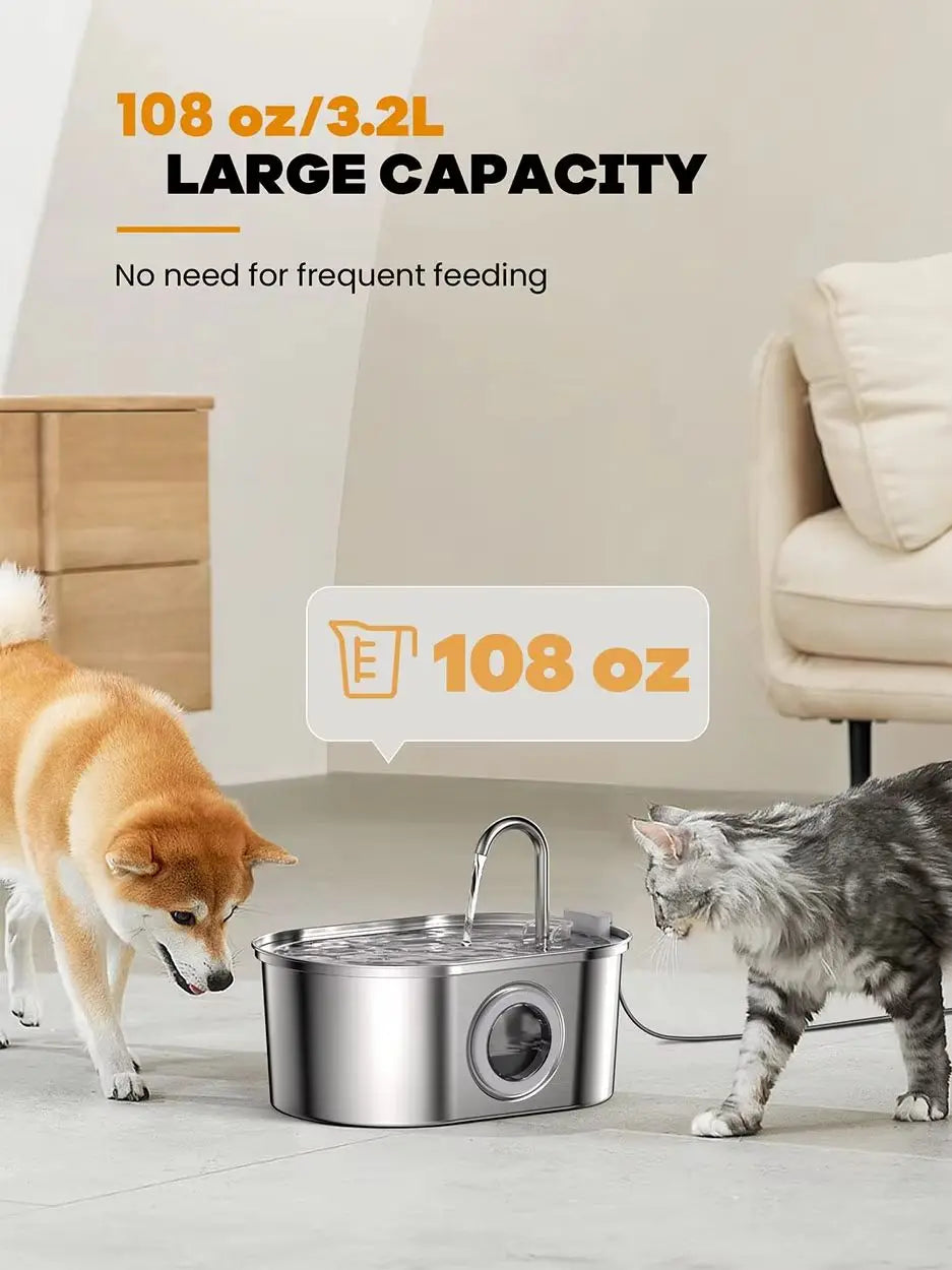 Transparent Window Cat Water Dispenser with sensor 3.2L/108oz Super Quiet& Pets Auto Filter Stainless Steel Cats Water Fountain