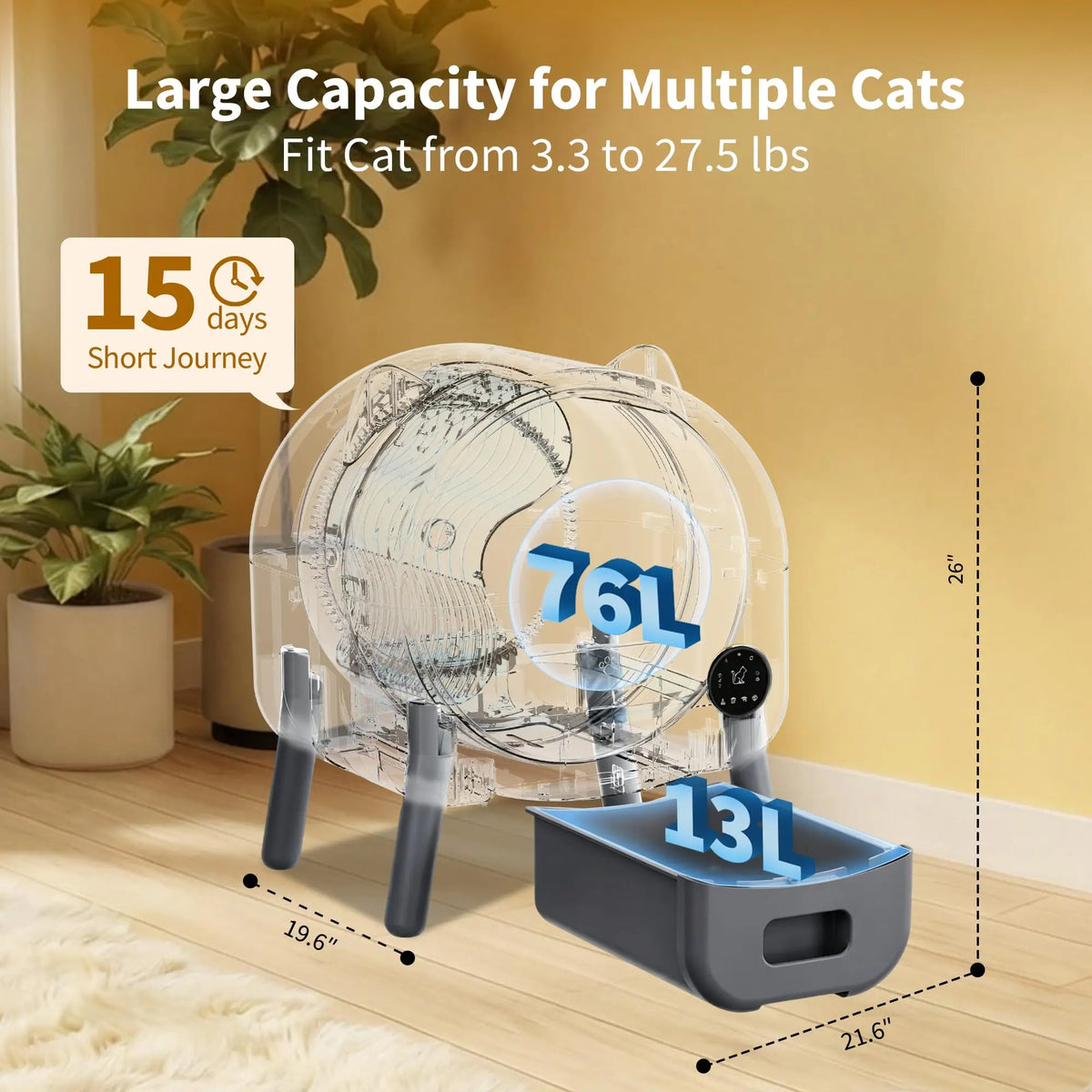 76L Self-Cleaning Cat Litter Box | 15-Day Waste Bin | ≤35dB Quiet | LED Night Light | App Control
