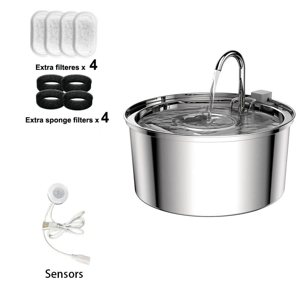 Fontaine à eau automatique en acier inoxydable de 3,2 L pour animaux de compagnie – Distributeur d'eau pour chats et chiens avec filtre