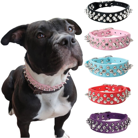 Adjustable Spike Rivet PU Dog Collar for Small to Large Dogs