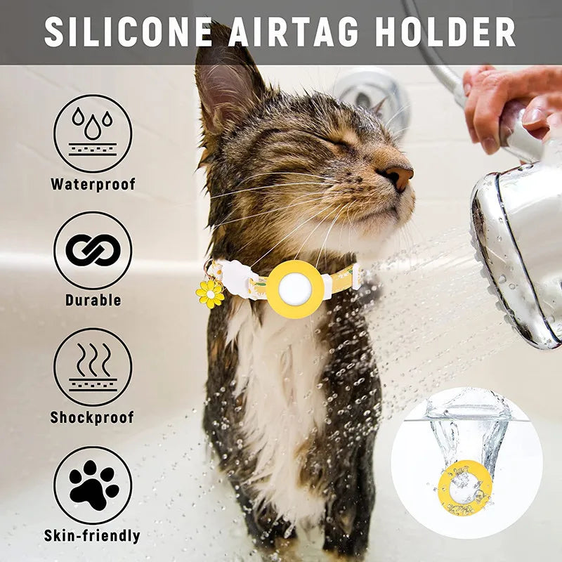 Collier de chat sécurisé avec support AirTag marguerite et grelot