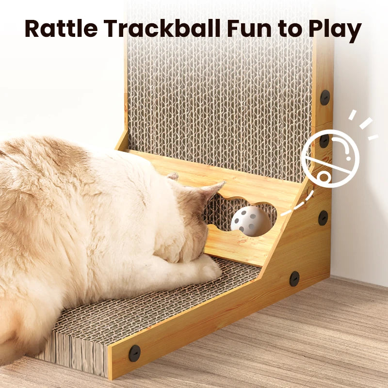 L-Shaped Cat Scratcher with Trackball Toy & Furniture Protector