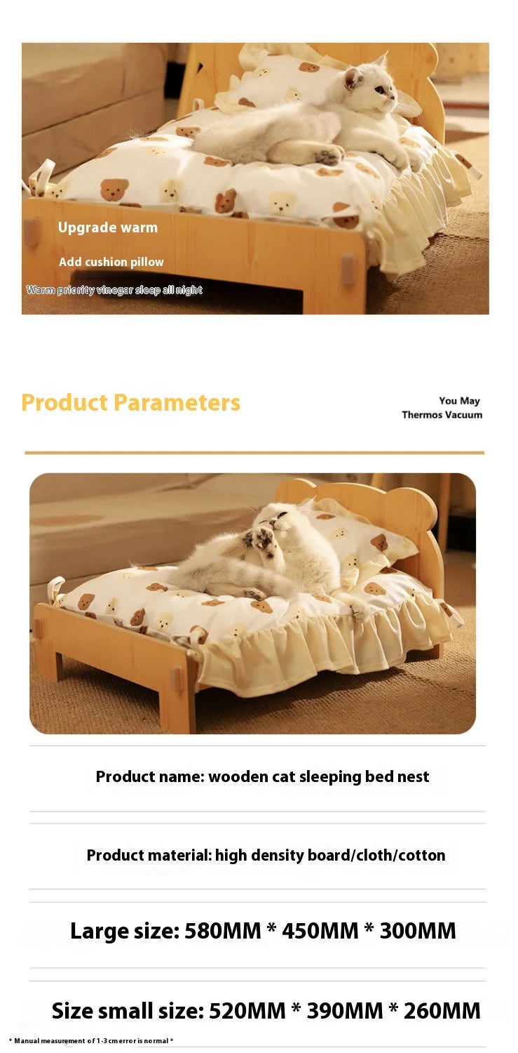 Solid Wood Pet Bed with Removable Washable Mat – All-Season Cat & Dog House