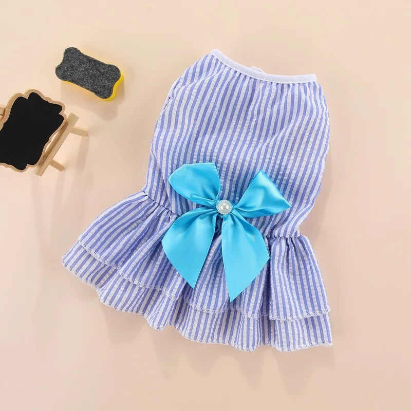 Robe de princesse pour animaux de compagnie - Robe d'été à rayures et carreaux avec nœud pour chats et petits chiens