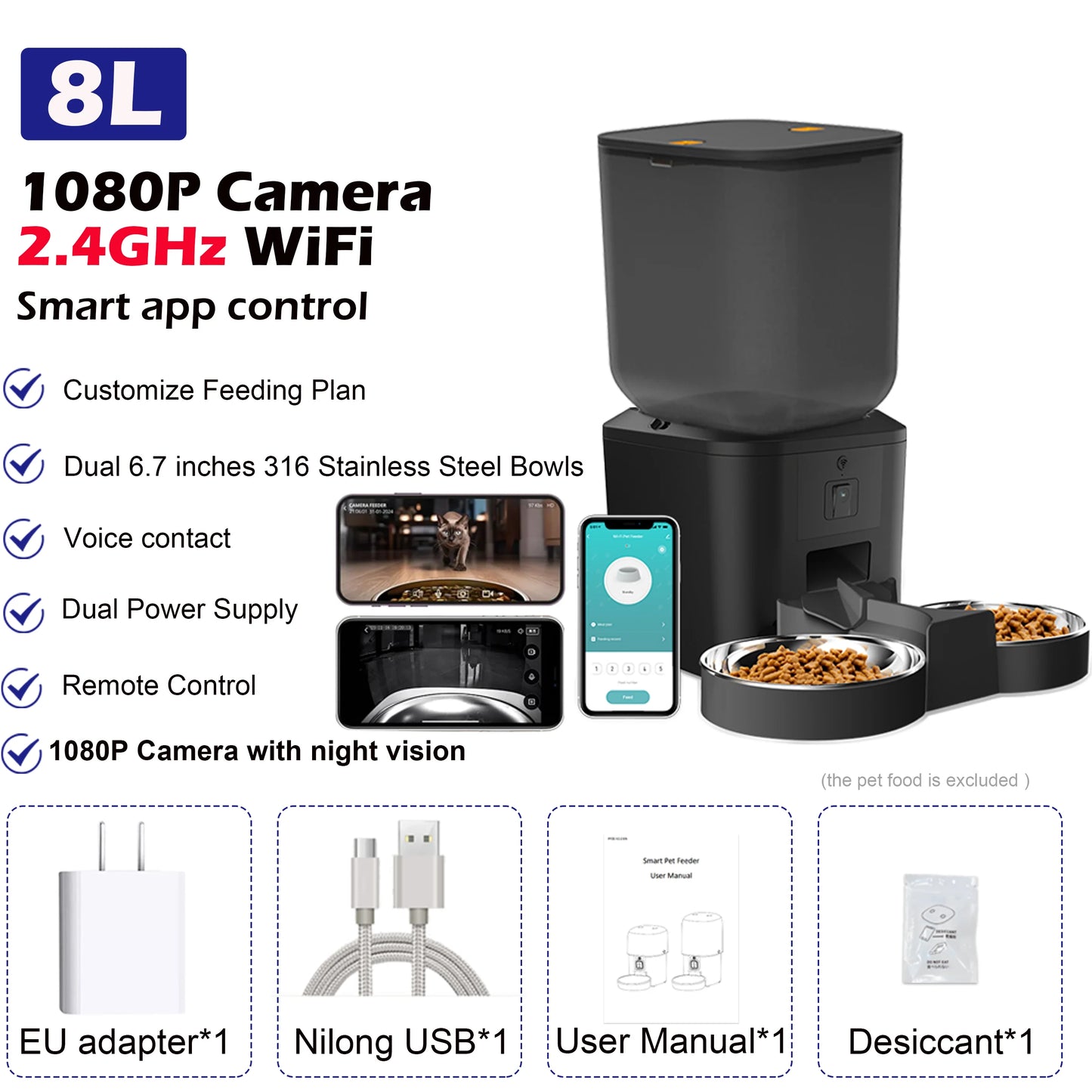 8L Smart Pet Feeder with 1080P Camera, Night Vision & Stainless Steel Bowl — 5G Wi-Fi & Tuya App